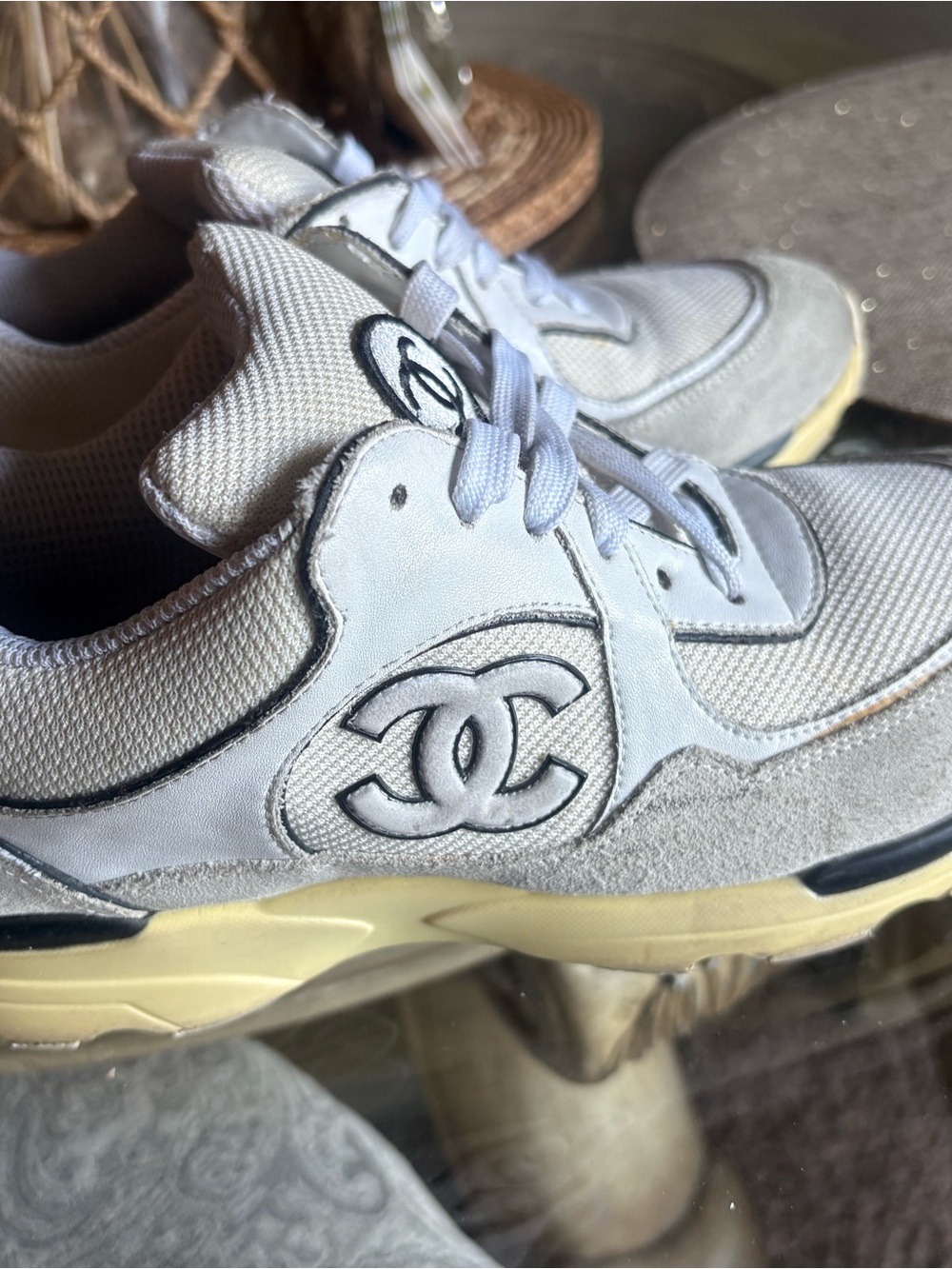 CHANEL White and Cream CC Logo Sneakers